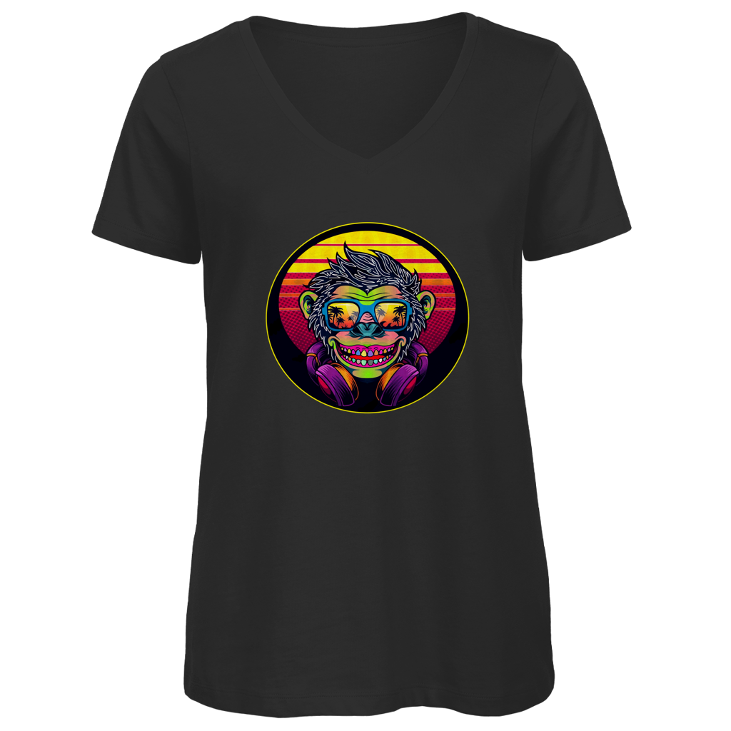 Damen Premium Bio V-Neck T-Shirt Monkey with Sunglasses