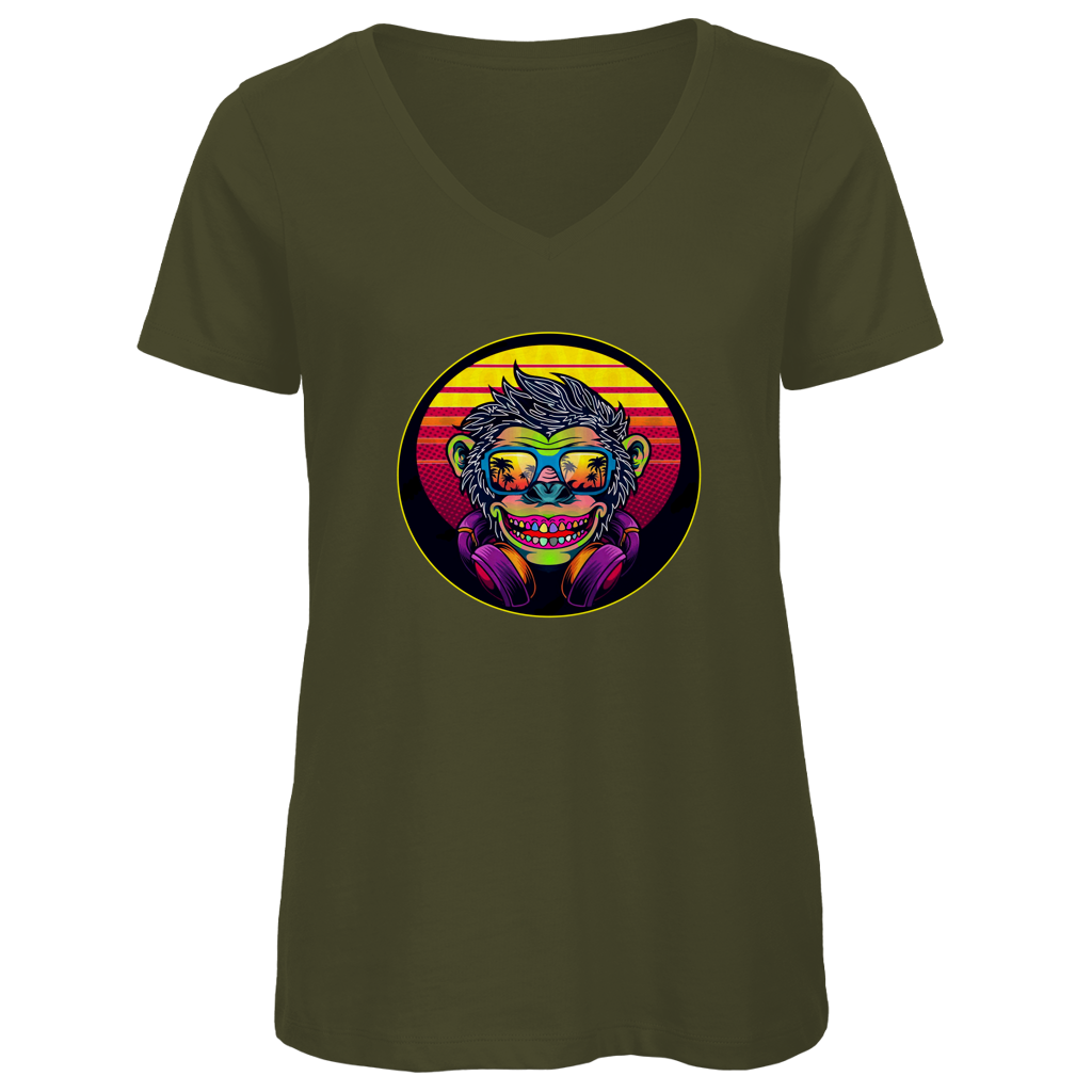 Damen Premium Bio V-Neck T-Shirt Monkey with Sunglasses