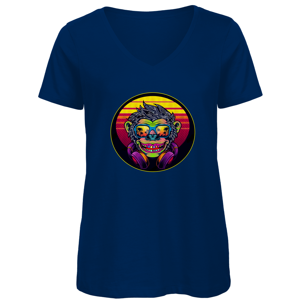 Damen Premium Bio V-Neck T-Shirt Monkey with Sunglasses