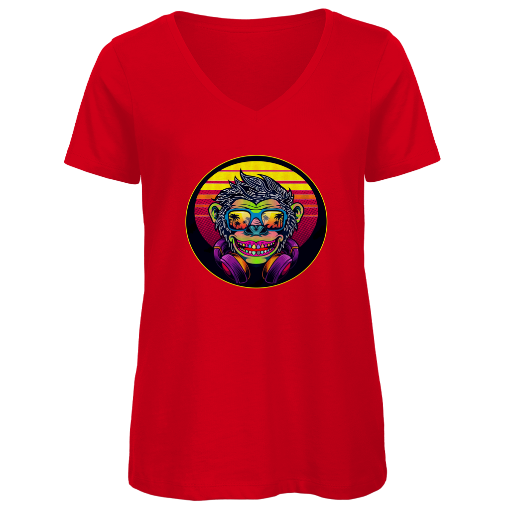 Damen Premium Bio V-Neck T-Shirt Monkey with Sunglasses