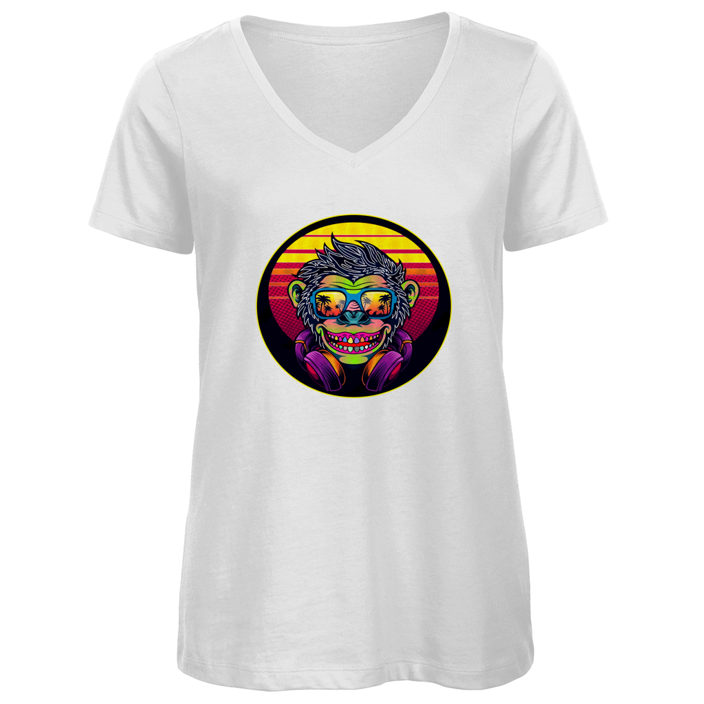 Damen Premium Bio V-Neck T-Shirt Monkey with Sunglasses