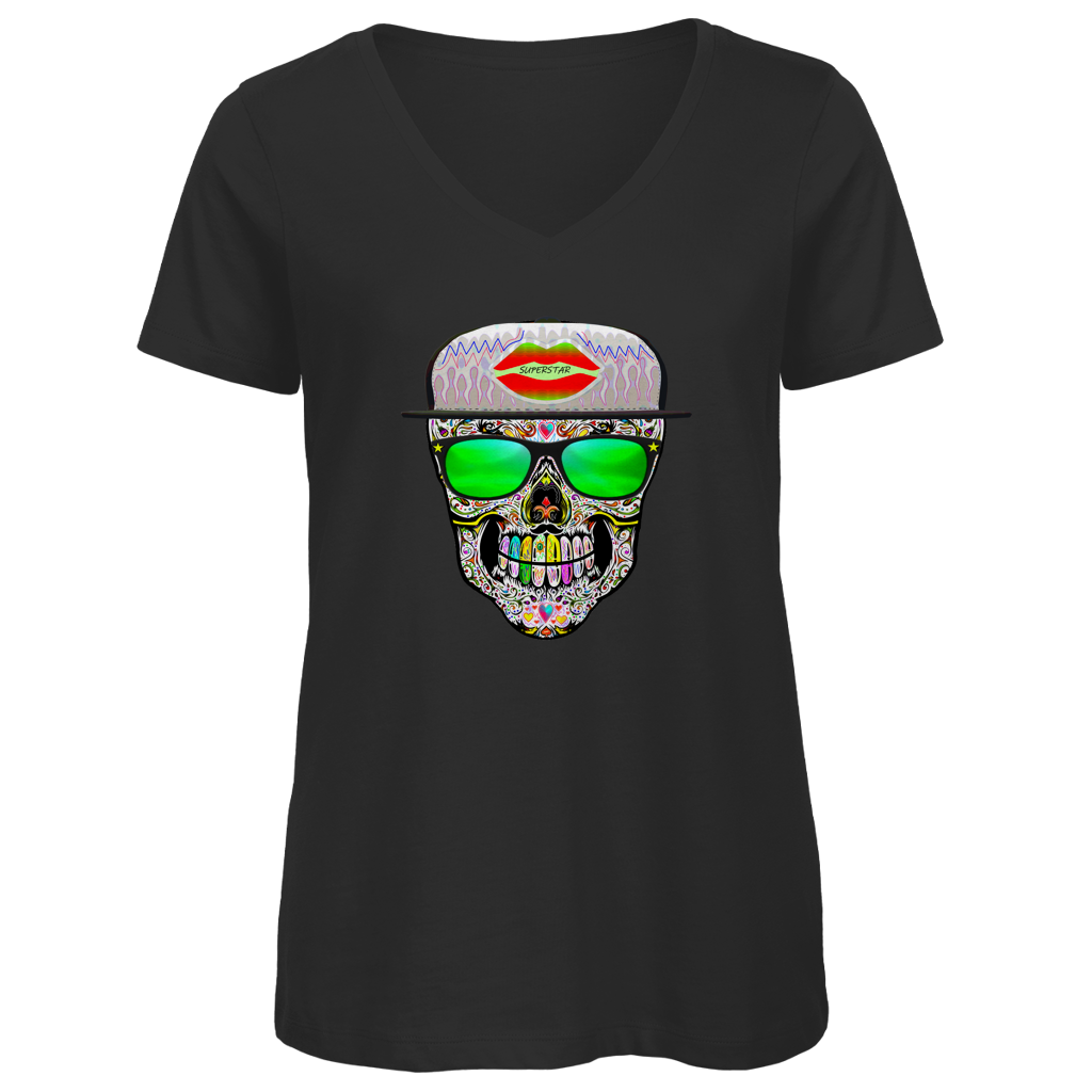 Damen Premium Bio V-Neck T-Shirt Totenkopf Superstar