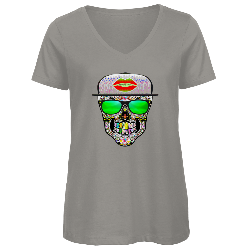 Damen Premium Bio V-Neck T-Shirt Totenkopf Superstar