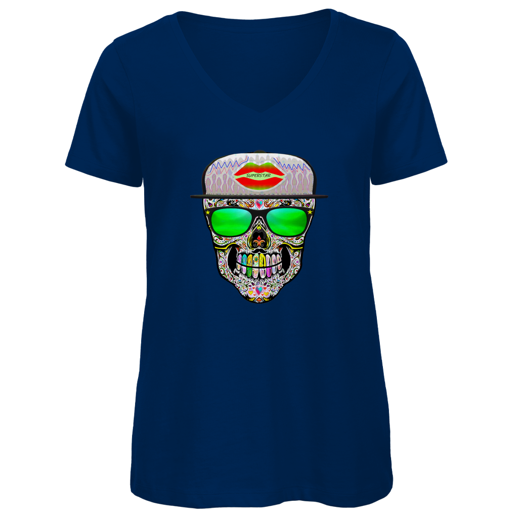 Damen Premium Bio V-Neck T-Shirt Totenkopf Superstar