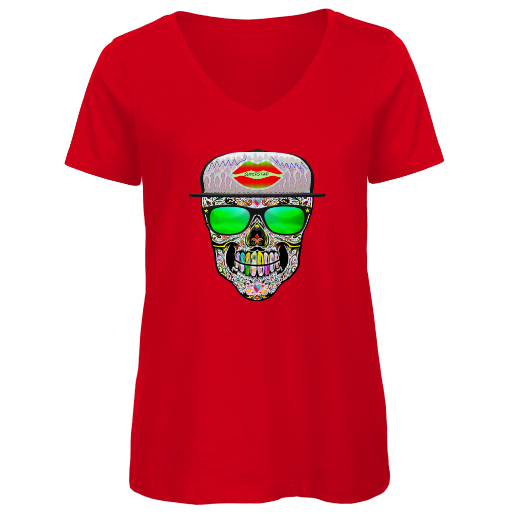 Damen Premium Bio V-Neck T-Shirt Totenkopf Superstar