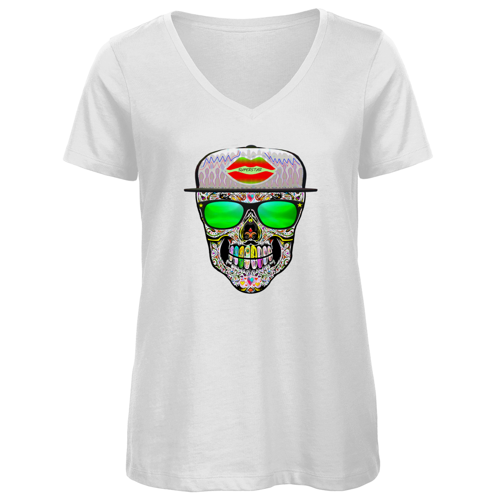 Damen Premium Bio V-Neck T-Shirt Totenkopf Superstar