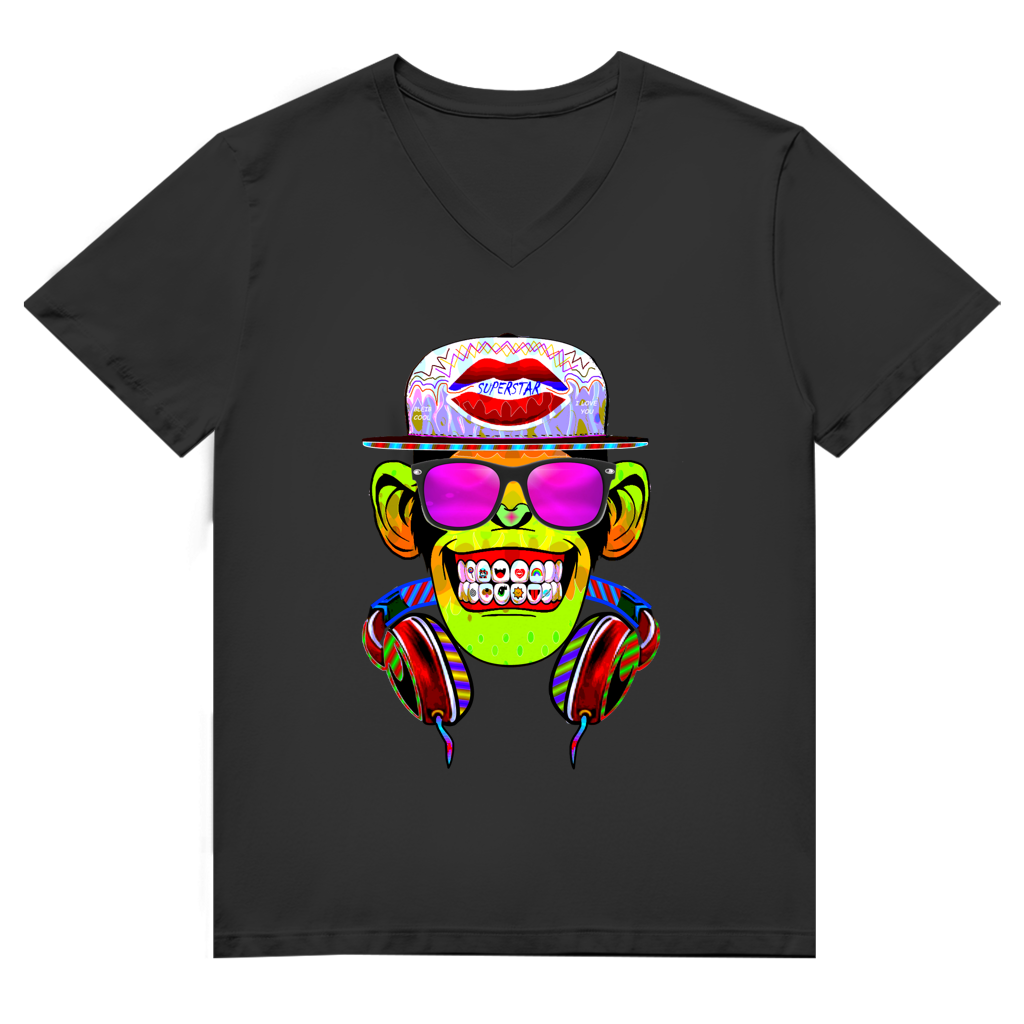 Herren Premium Bio V-Neck T-Shirt Monkey Superstar with Sunglasses