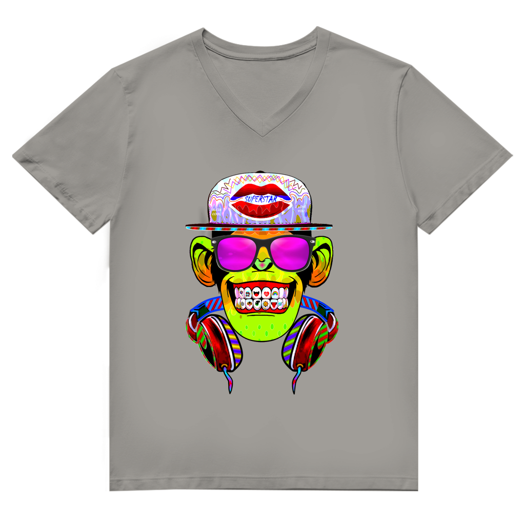 Herren Premium Bio V-Neck T-Shirt Monkey Superstar with Sunglasses
