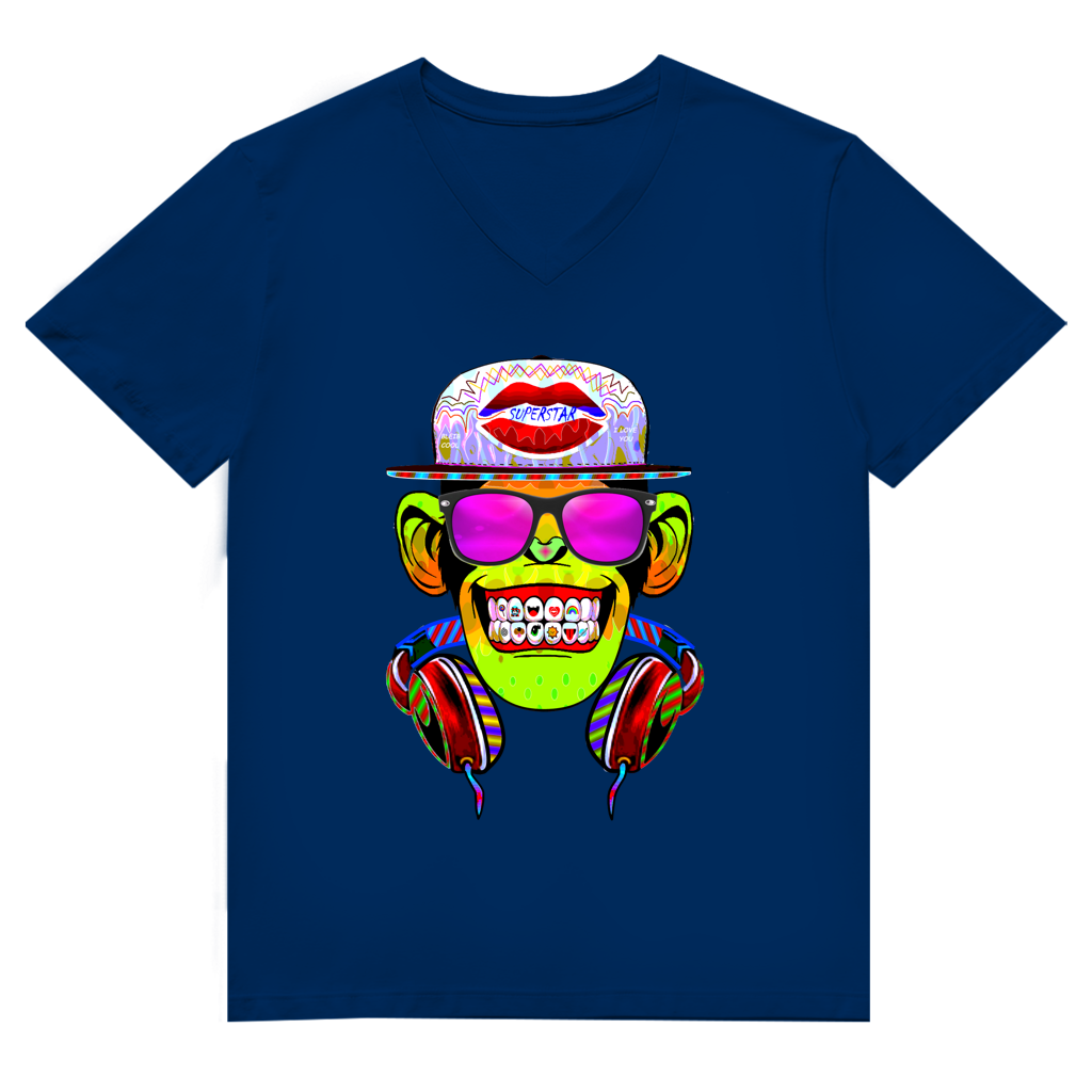 Herren Premium Bio V-Neck T-Shirt Monkey Superstar with Sunglasses