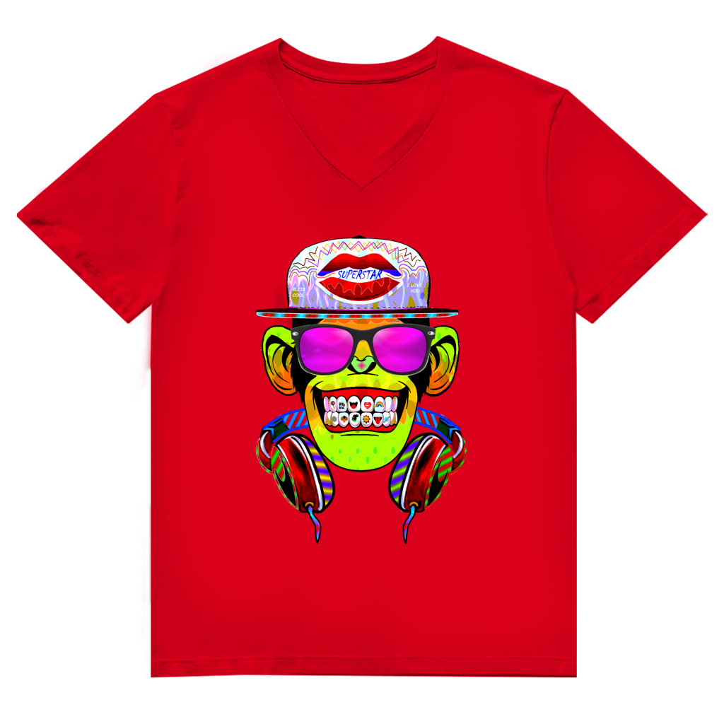 Herren Premium Bio V-Neck T-Shirt Monkey Superstar with Sunglasses