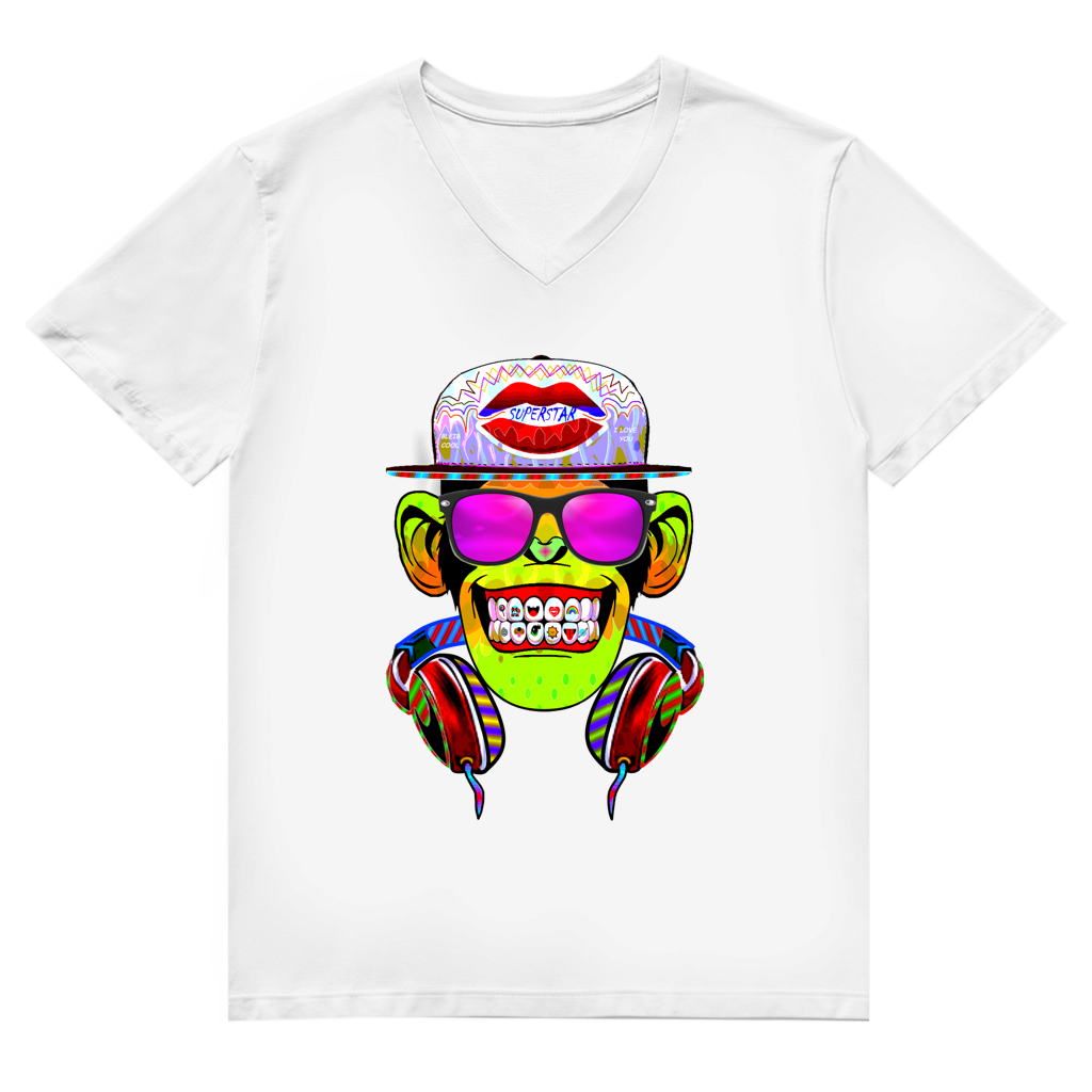 Herren Premium Bio V-Neck T-Shirt Monkey Superstar with Sunglasses
