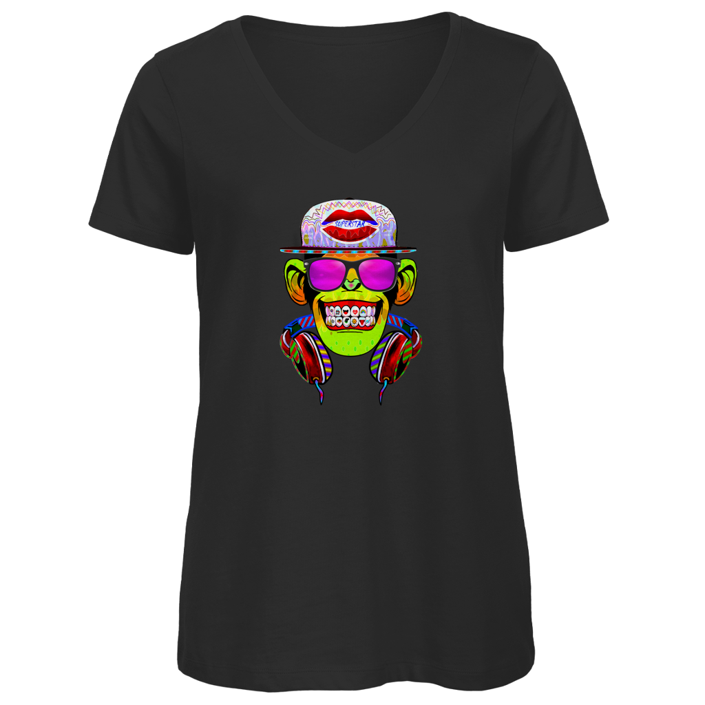 Damen Premium Bio V-Neck T-Shirt Monkey Superstar with Sunglasses