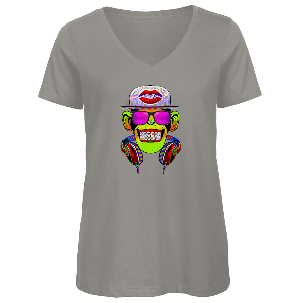Damen Premium Bio V-Neck T-Shirt Monkey Superstar with Sunglasses