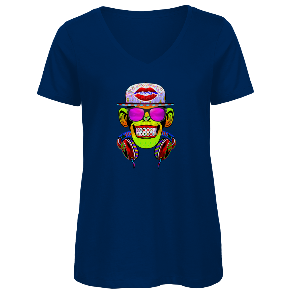 Damen Premium Bio V-Neck T-Shirt Monkey Superstar with Sunglasses