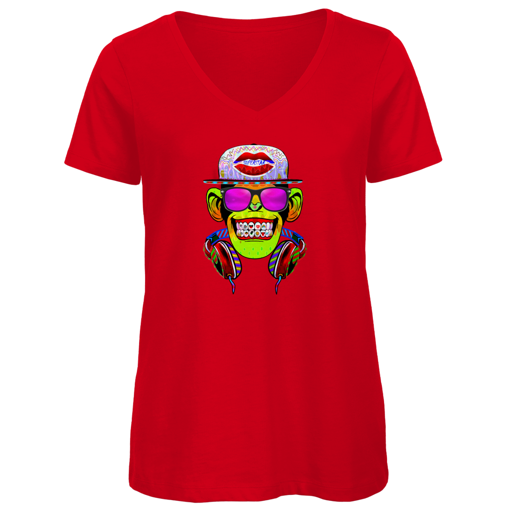 Damen Premium Bio V-Neck T-Shirt Monkey Superstar with Sunglasses