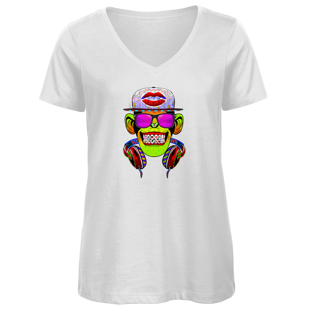 Damen Premium Bio V-Neck T-Shirt Monkey Superstar with Sunglasses