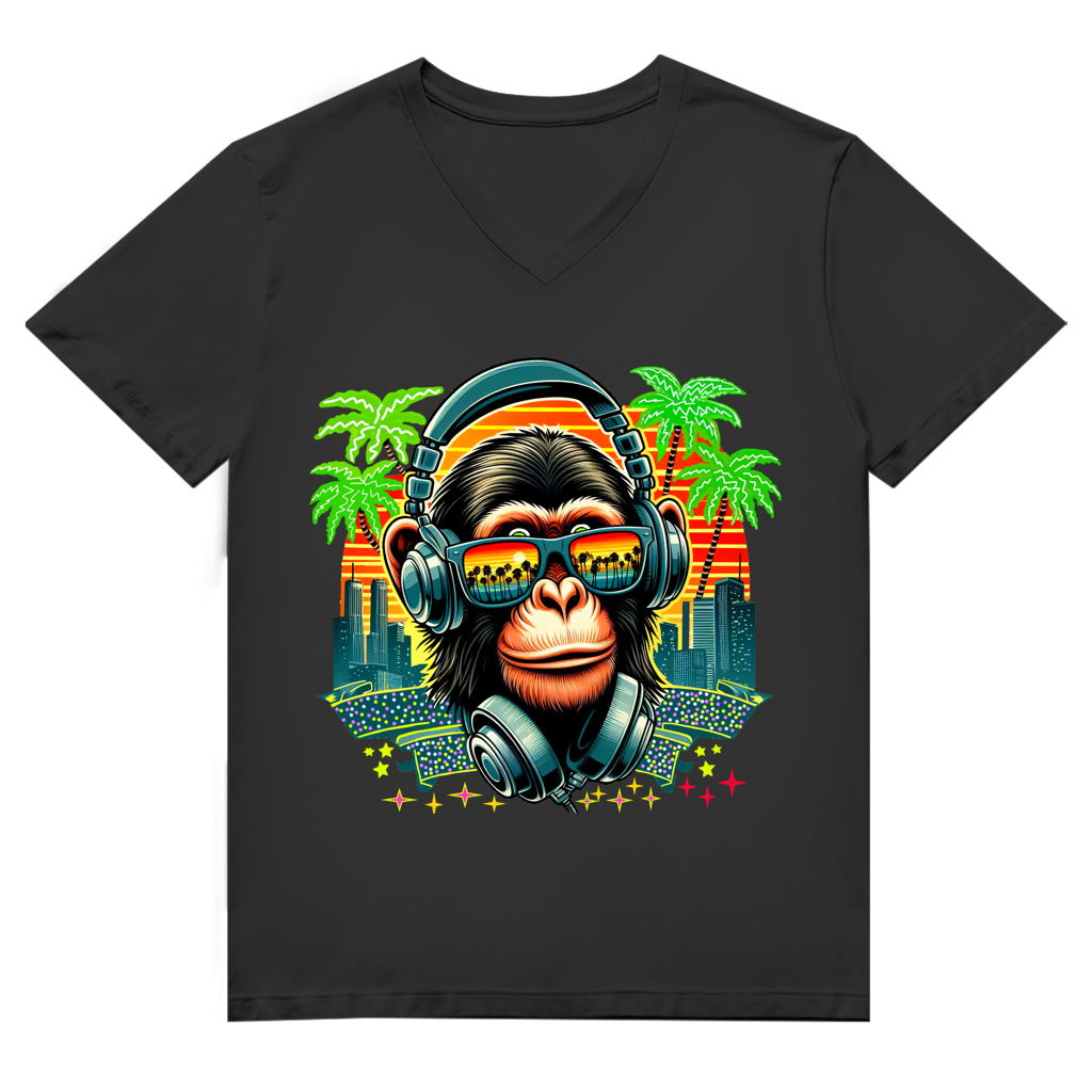 Herren Premium Bio V-Neck T-Shirt Monkey with Headset
