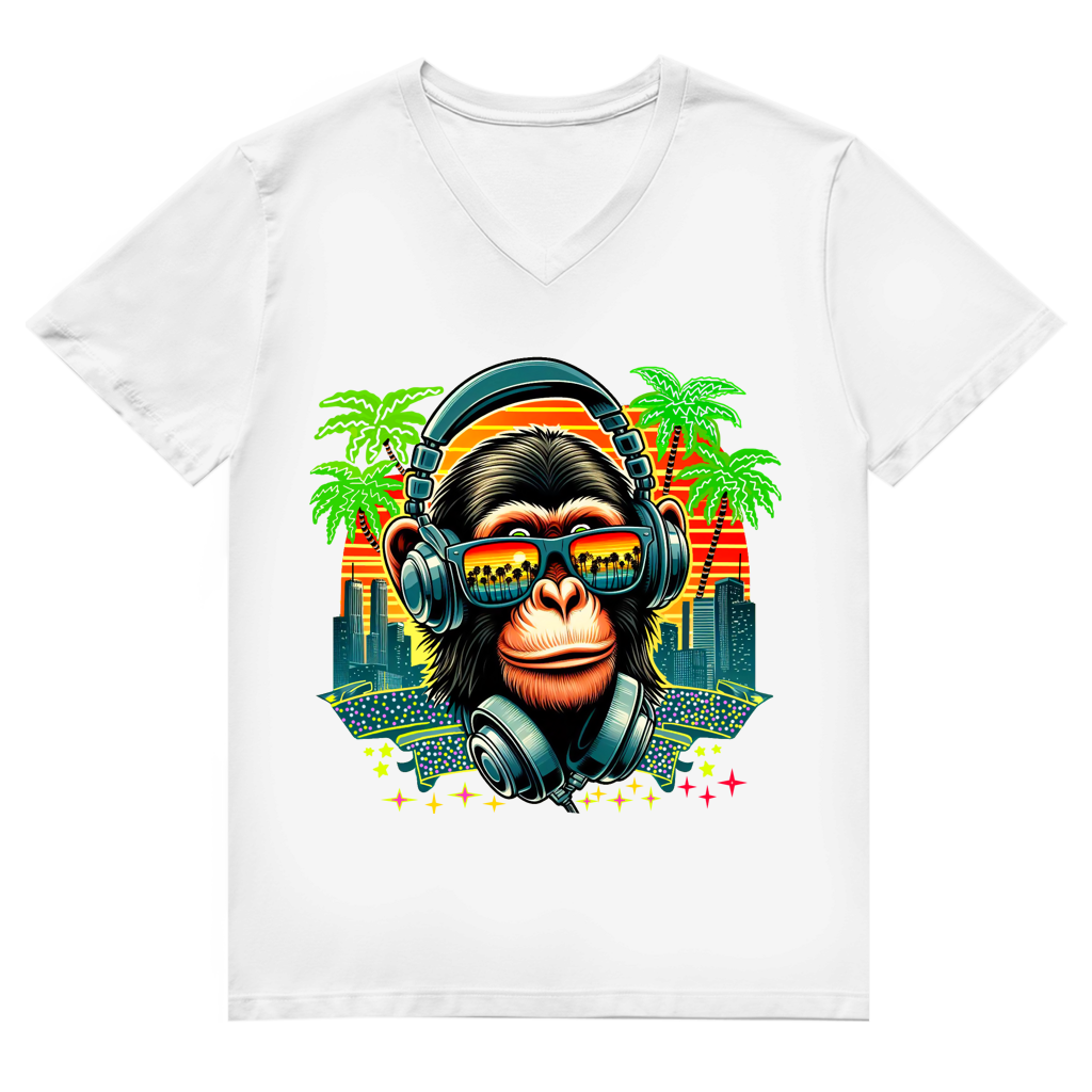 Herren Premium Bio V-Neck T-Shirt Monkey with Headset