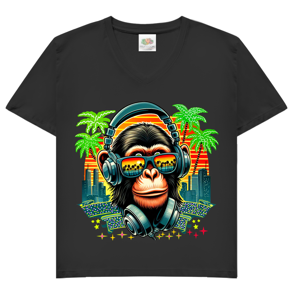 Damen Basic V-Neck T-Shirt Monkey with Headset
