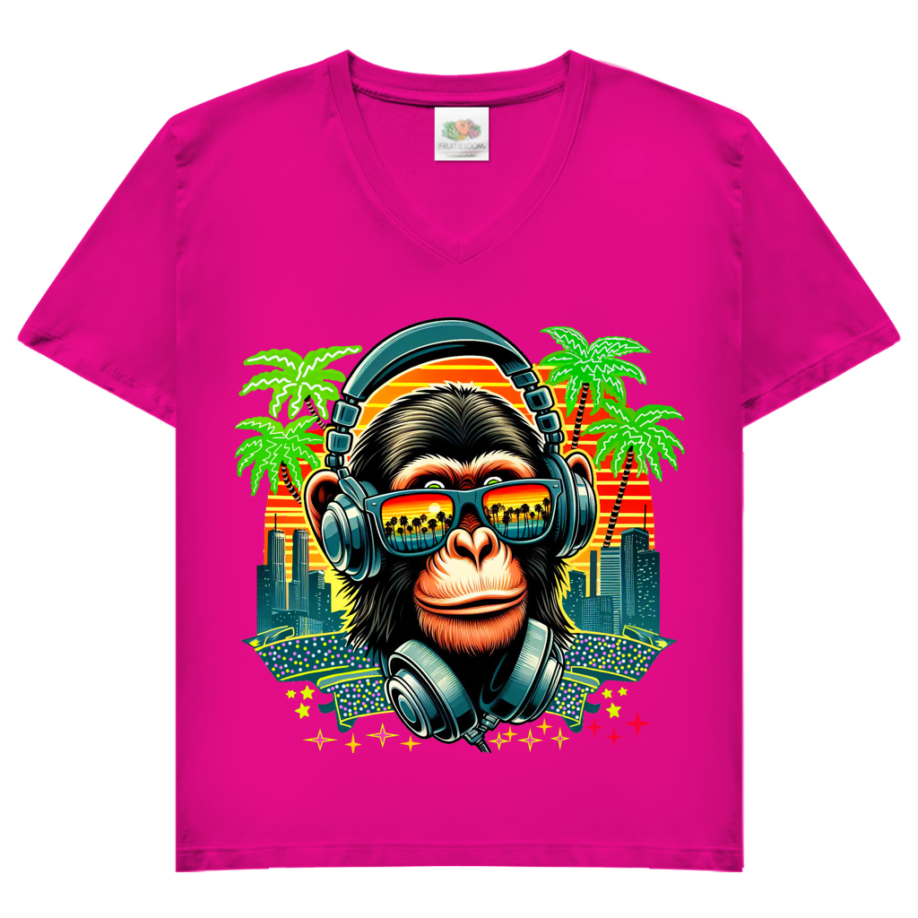 Damen Basic V-Neck T-Shirt Monkey with Headset