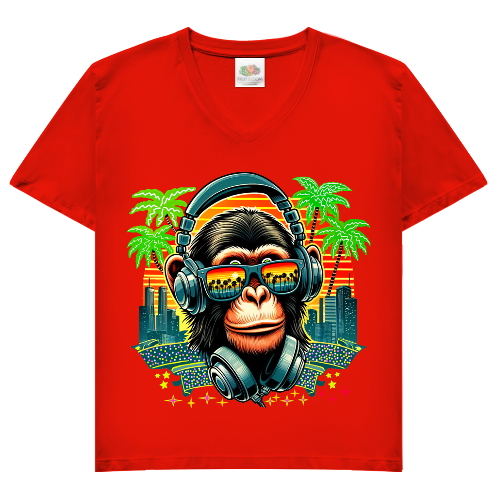 Damen Basic V-Neck T-Shirt Monkey with Headset