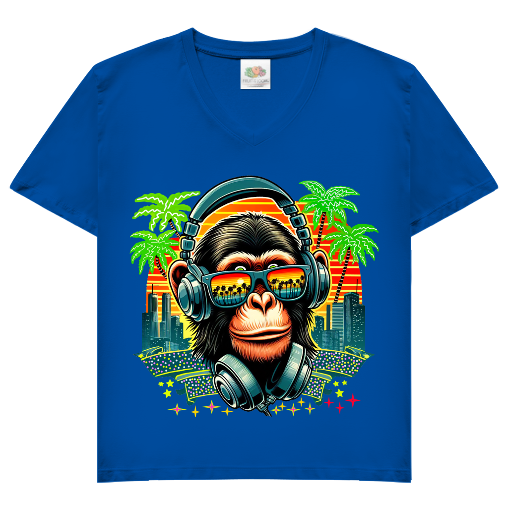 Damen Basic V-Neck T-Shirt Monkey with Headset