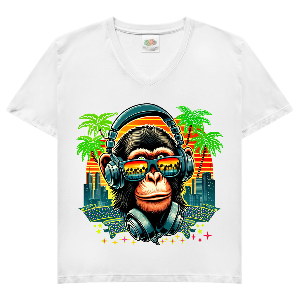Damen Basic V-Neck T-Shirt Monkey with Headset