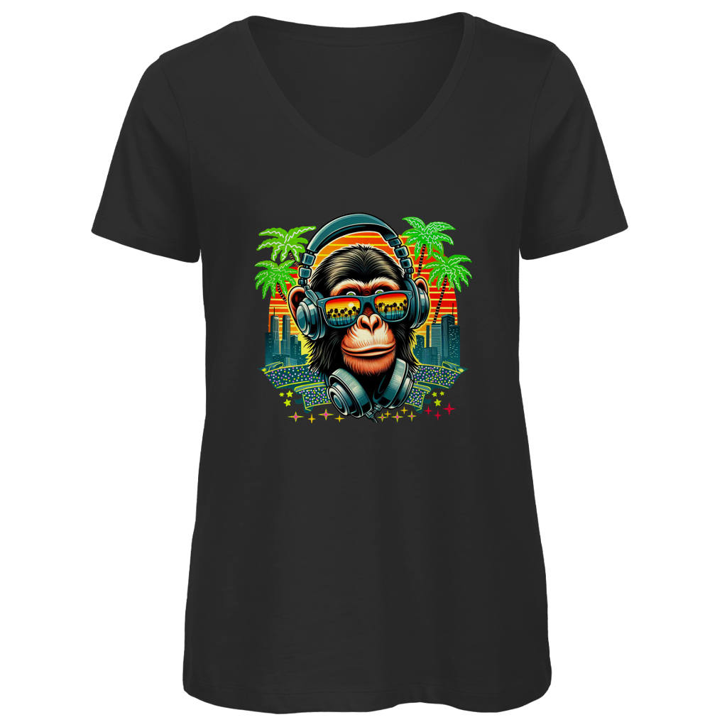 Damen Premium Bio V-Neck T-Shirt Monkey with Headset