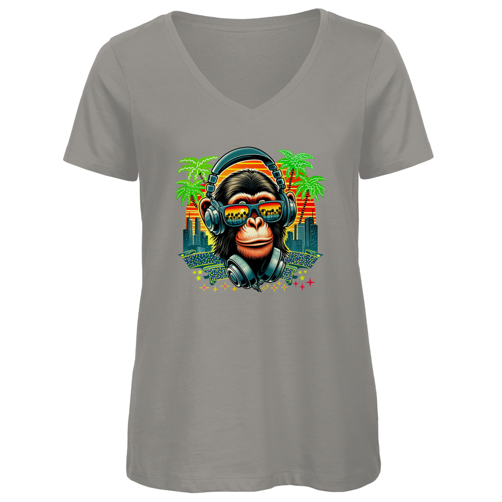 Damen Premium Bio V-Neck T-Shirt Monkey with Headset