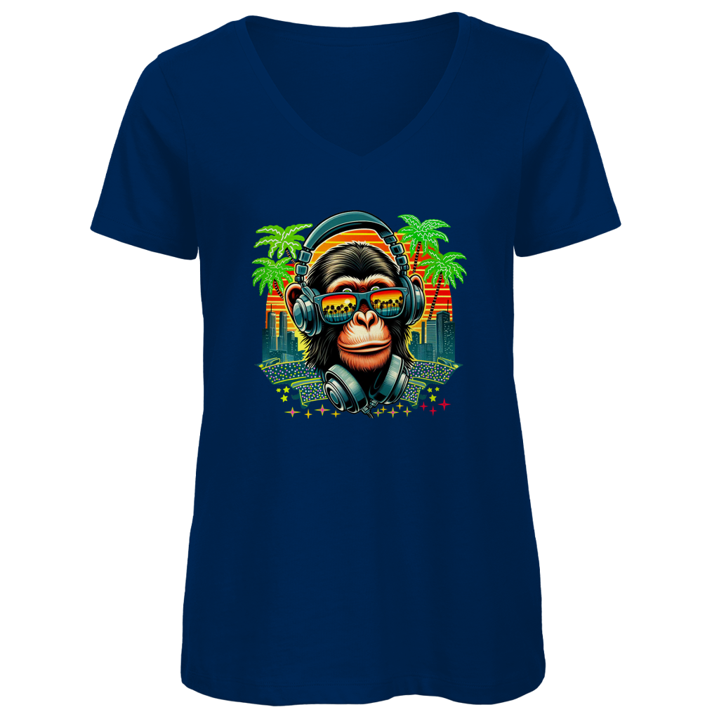Damen Premium Bio V-Neck T-Shirt Monkey with Headset