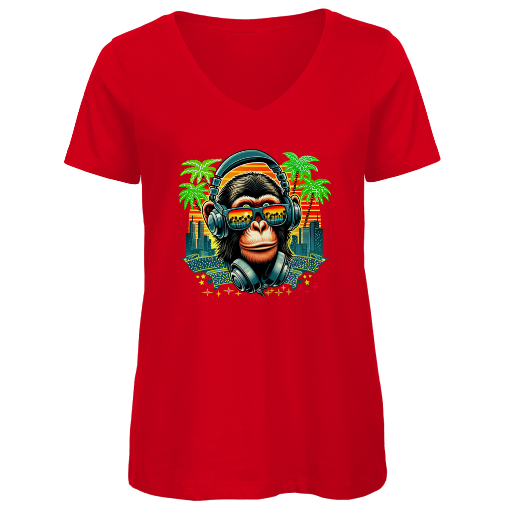 Damen Premium Bio V-Neck T-Shirt Monkey with Headset