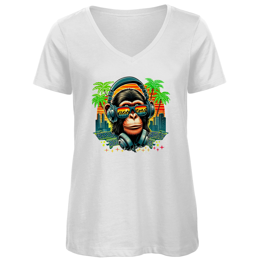 Damen Premium Bio V-Neck T-Shirt Monkey with Headset