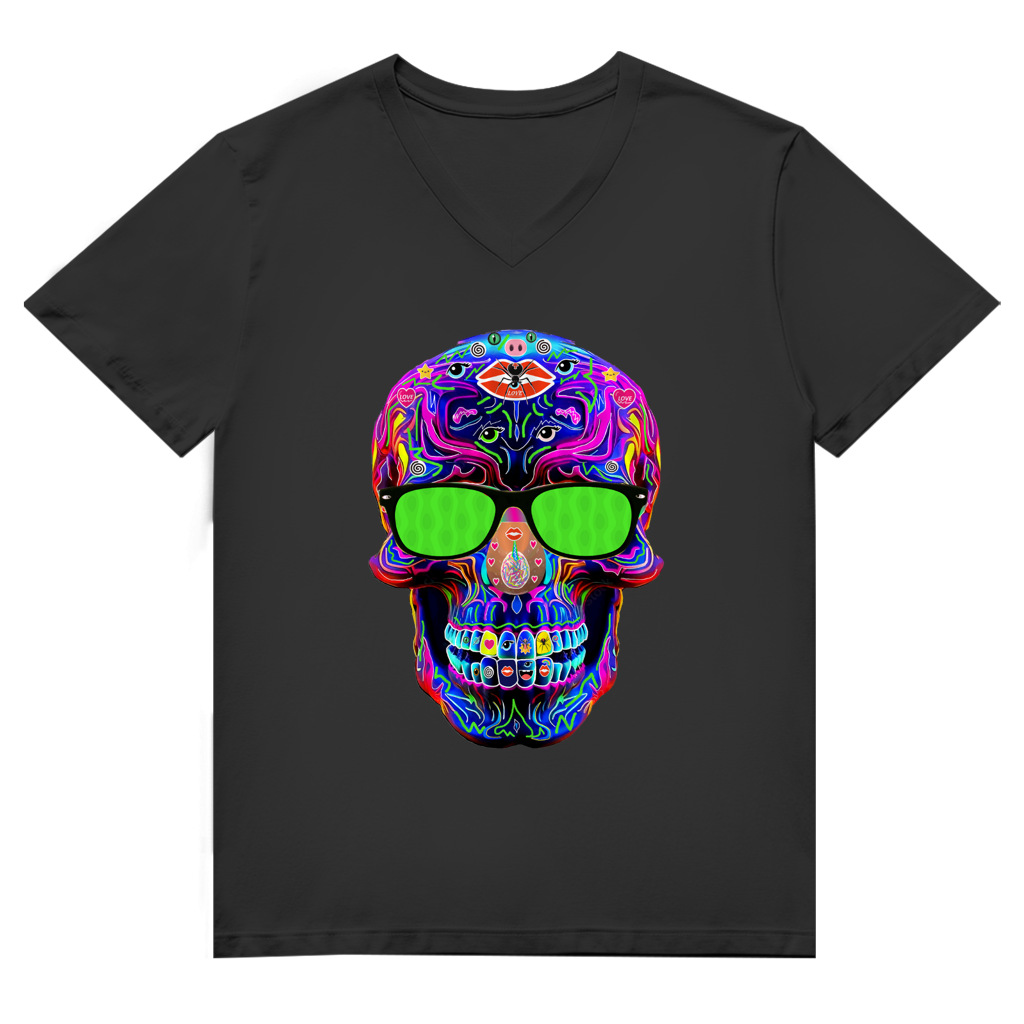 Herren Premium Bio V-Neck T-Shirt Skull with green Glasses