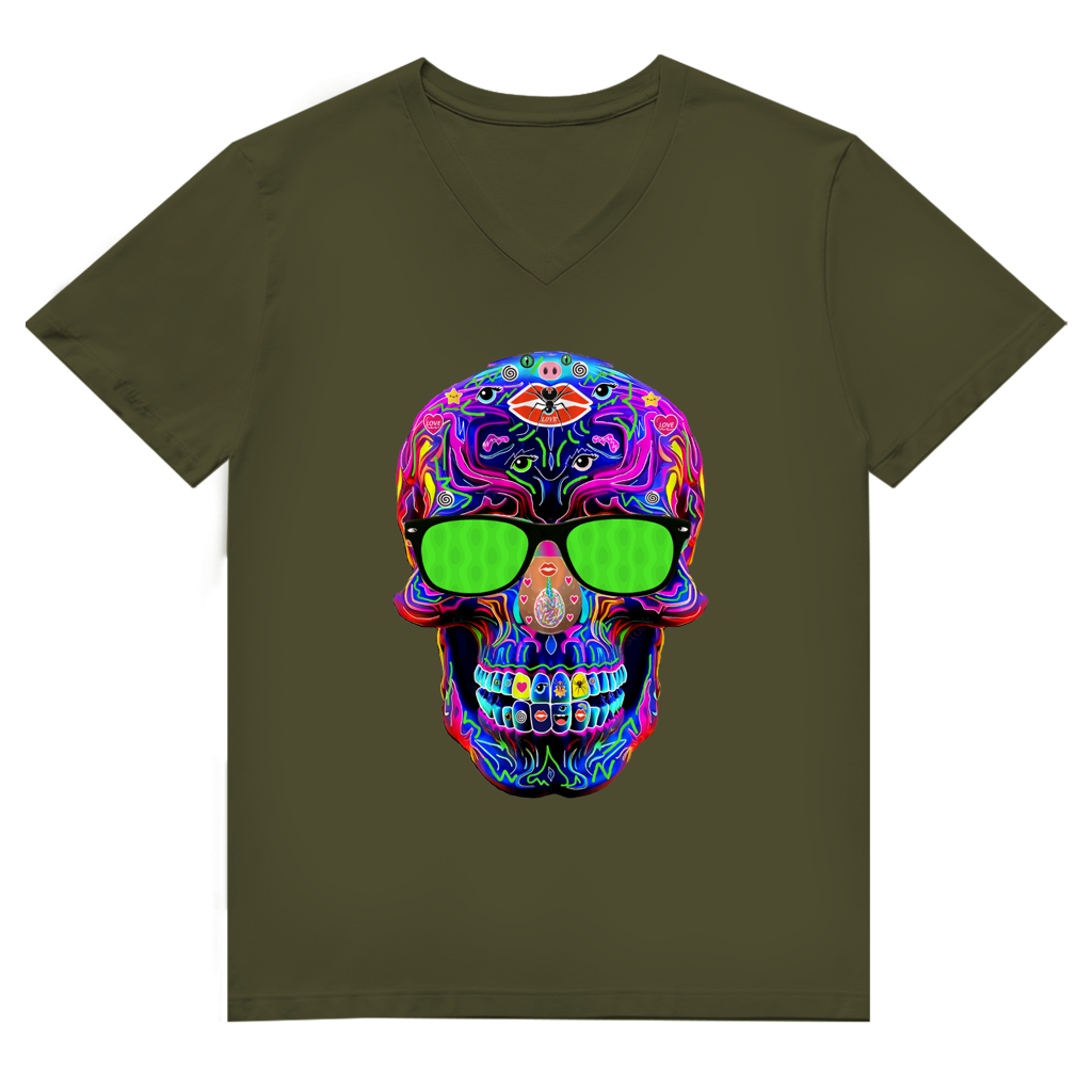 Herren Premium Bio V-Neck T-Shirt Skull with green Glasses