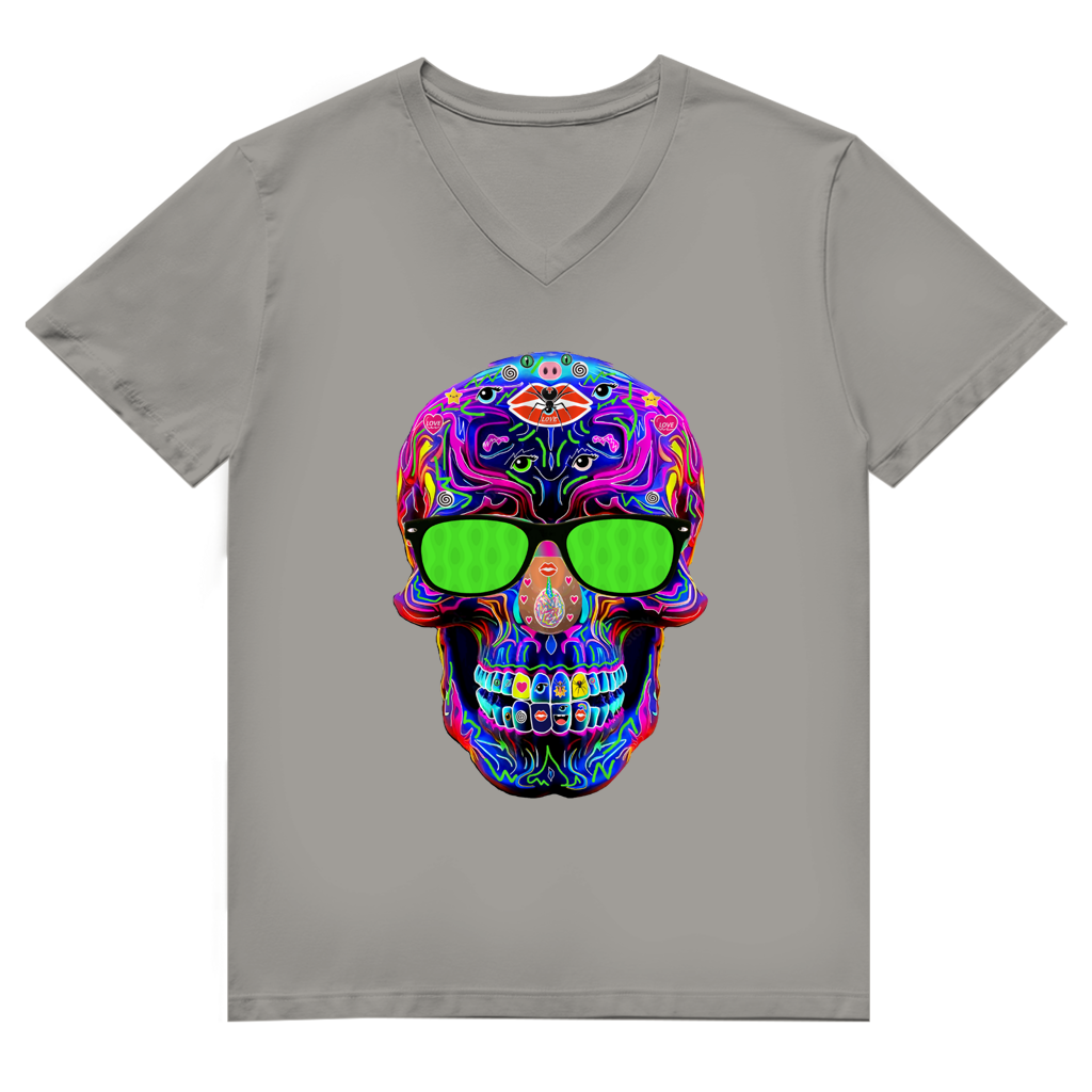Herren Premium Bio V-Neck T-Shirt Skull with green Glasses