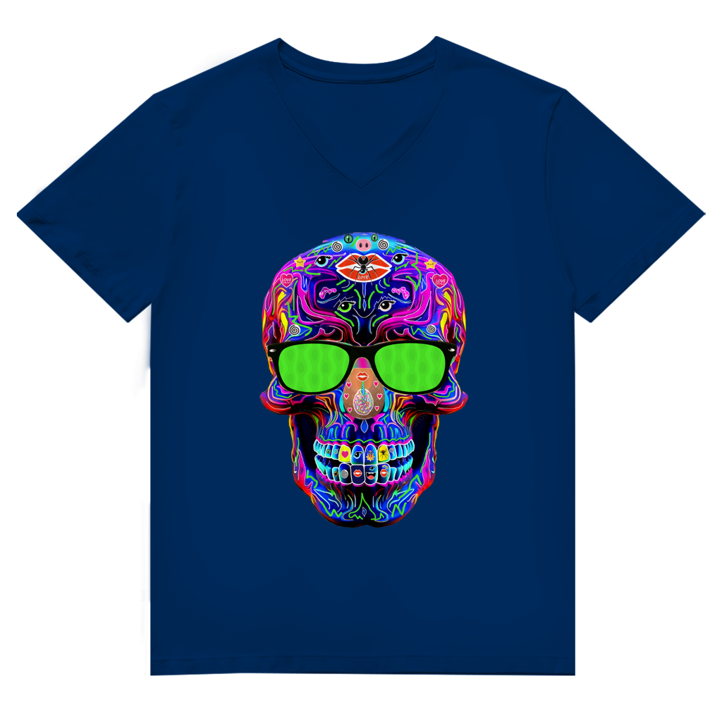 Herren Premium Bio V-Neck T-Shirt Skull with green Glasses