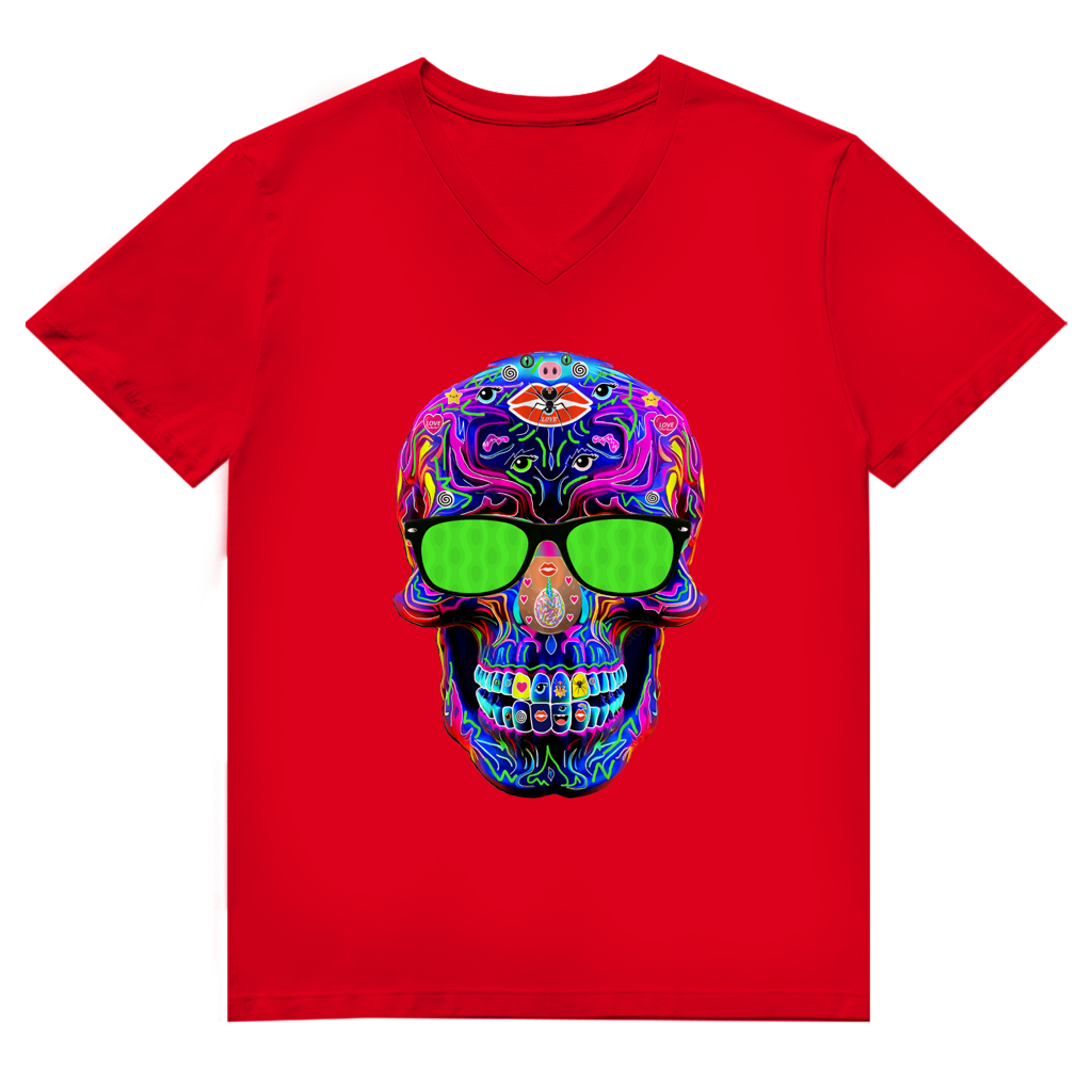 Herren Premium Bio V-Neck T-Shirt Skull with green Glasses