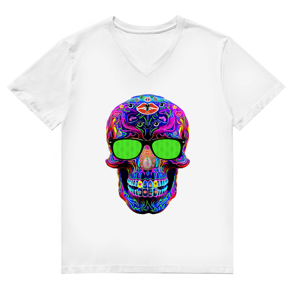 Herren Premium Bio V-Neck T-Shirt Skull with green Glasses