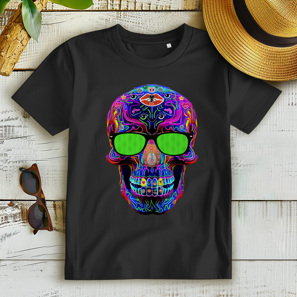 Damen Premium Bio T-Shirt Skull with green Glasses