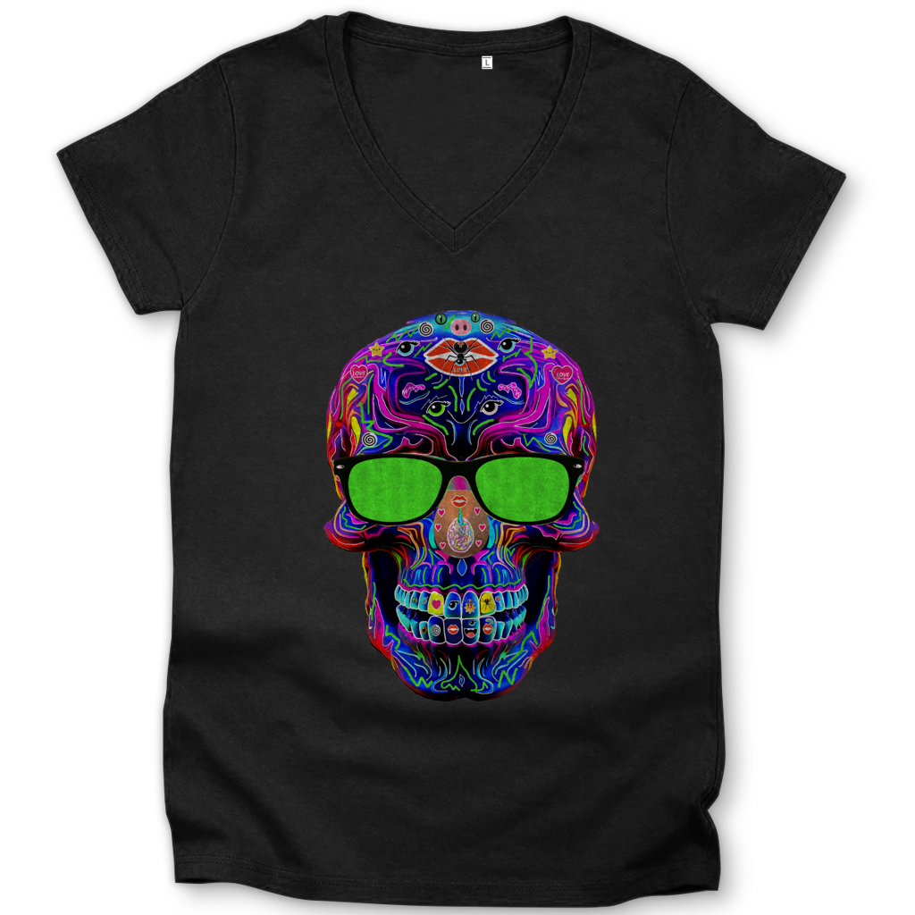 Damen Premium Bio V-Neck T-Shirt Skull with green Glasses