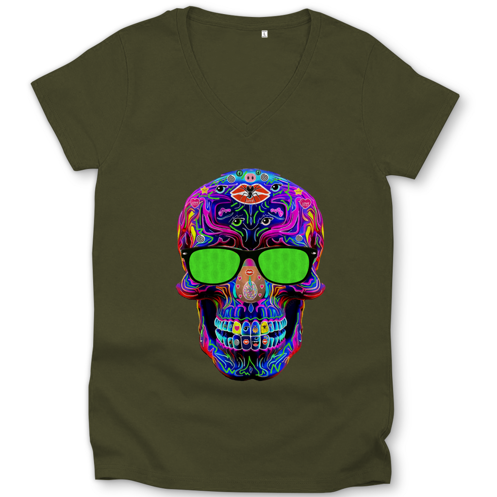Damen Premium Bio V-Neck T-Shirt Skull with green Glasses