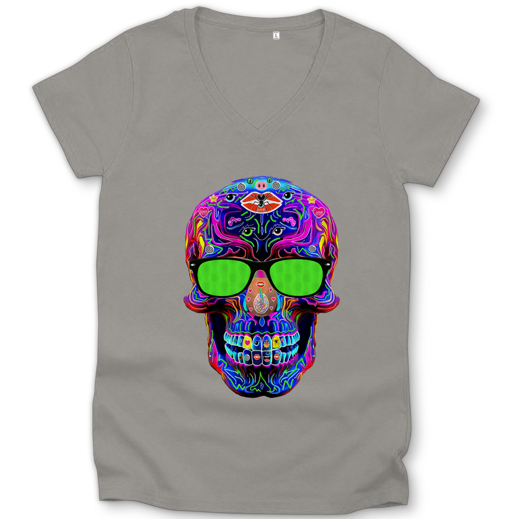 Damen Premium Bio V-Neck T-Shirt Skull with green Glasses