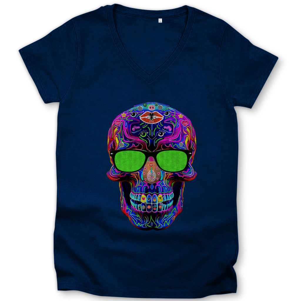 Damen Premium Bio V-Neck T-Shirt Skull with green Glasses