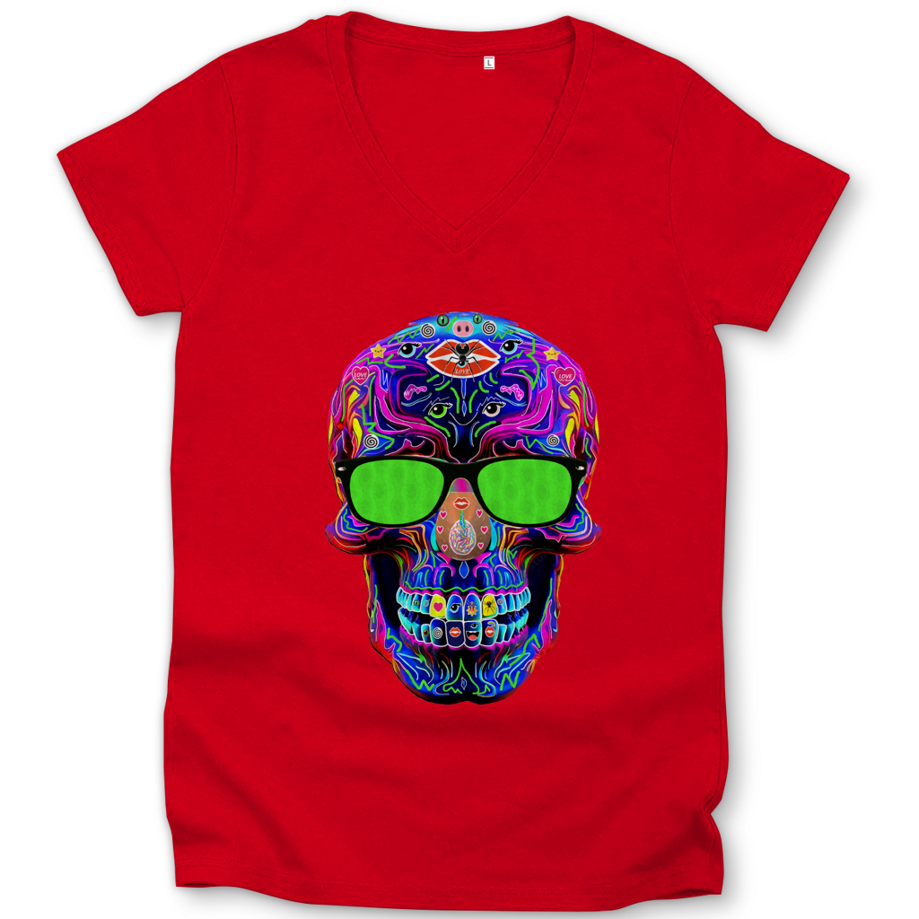 Damen Premium Bio V-Neck T-Shirt Skull with green Glasses