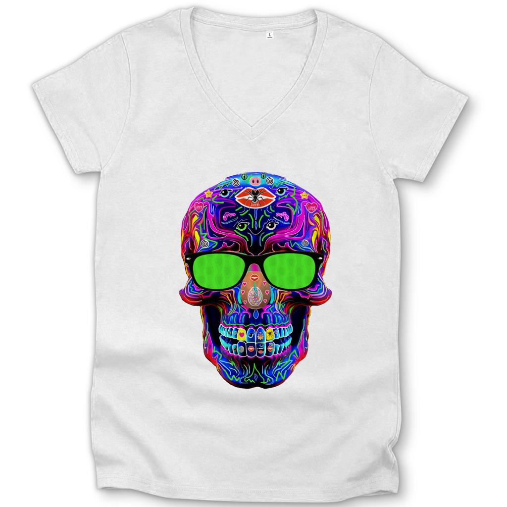 Damen Premium Bio V-Neck T-Shirt Skull with green Glasses