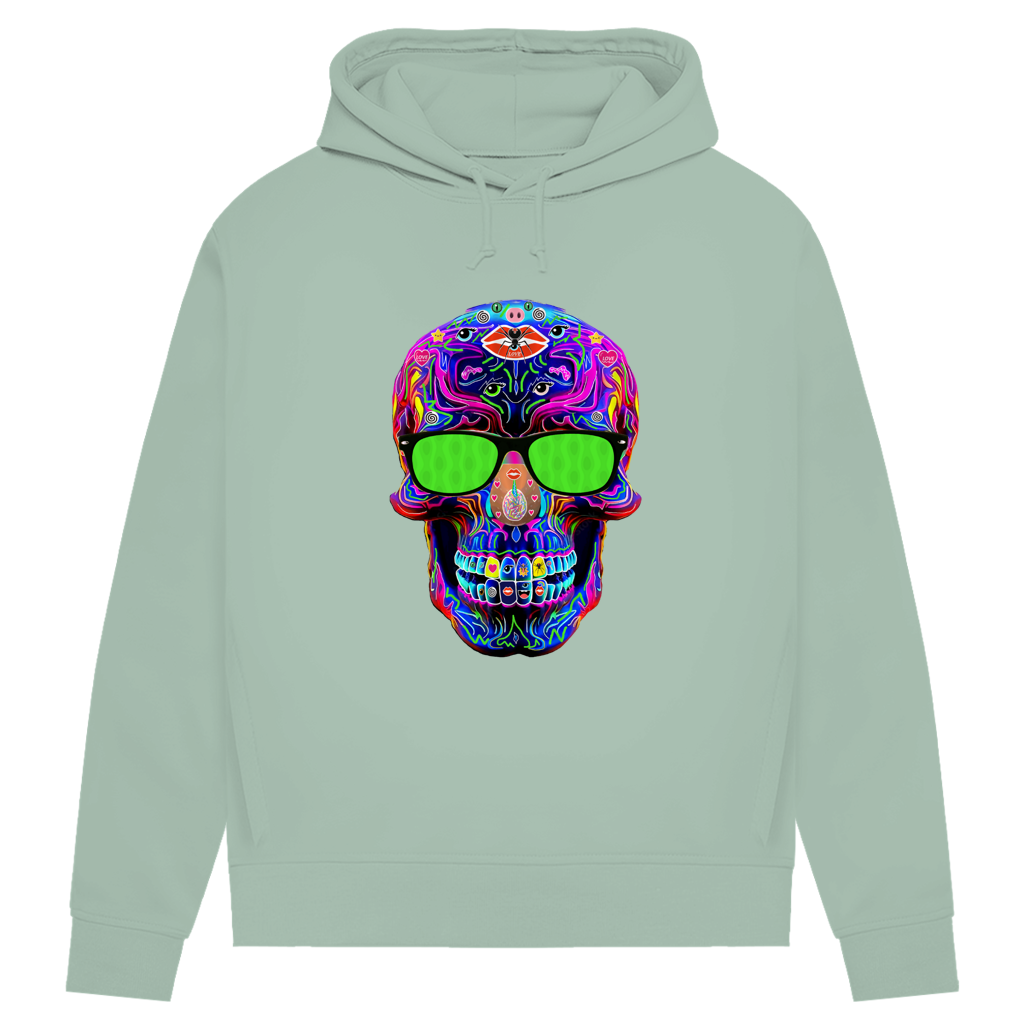 Damen Premium Bio Hoodie Skull with green Glasses
