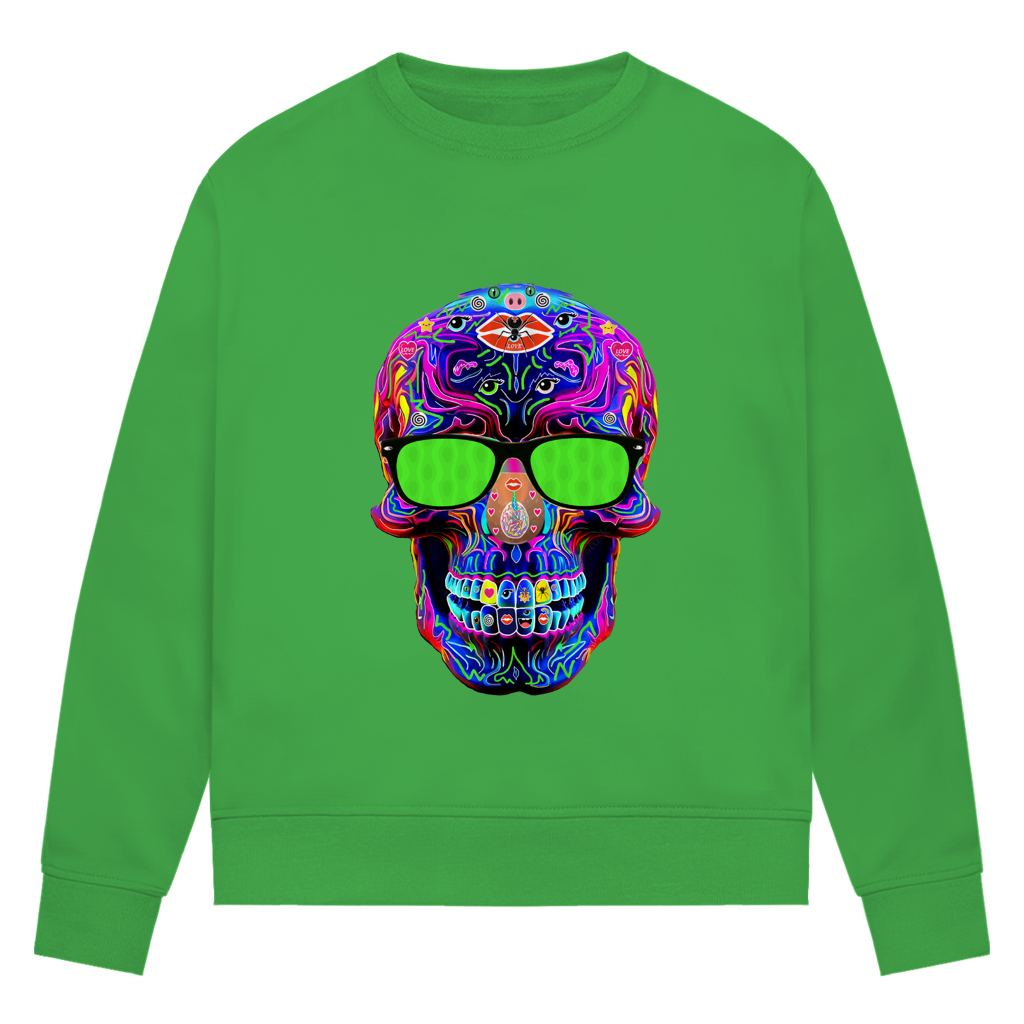 Damen Premium Bio Sweatshirt Skull with green Glasses
