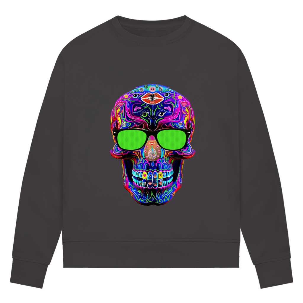 Damen Premium Bio Sweatshirt Skull with green Glasses