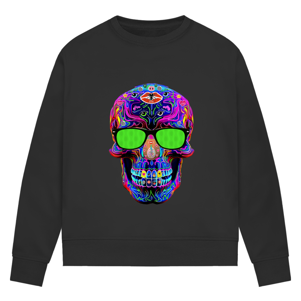 Damen Premium Bio Sweatshirt Skull with green Glasses