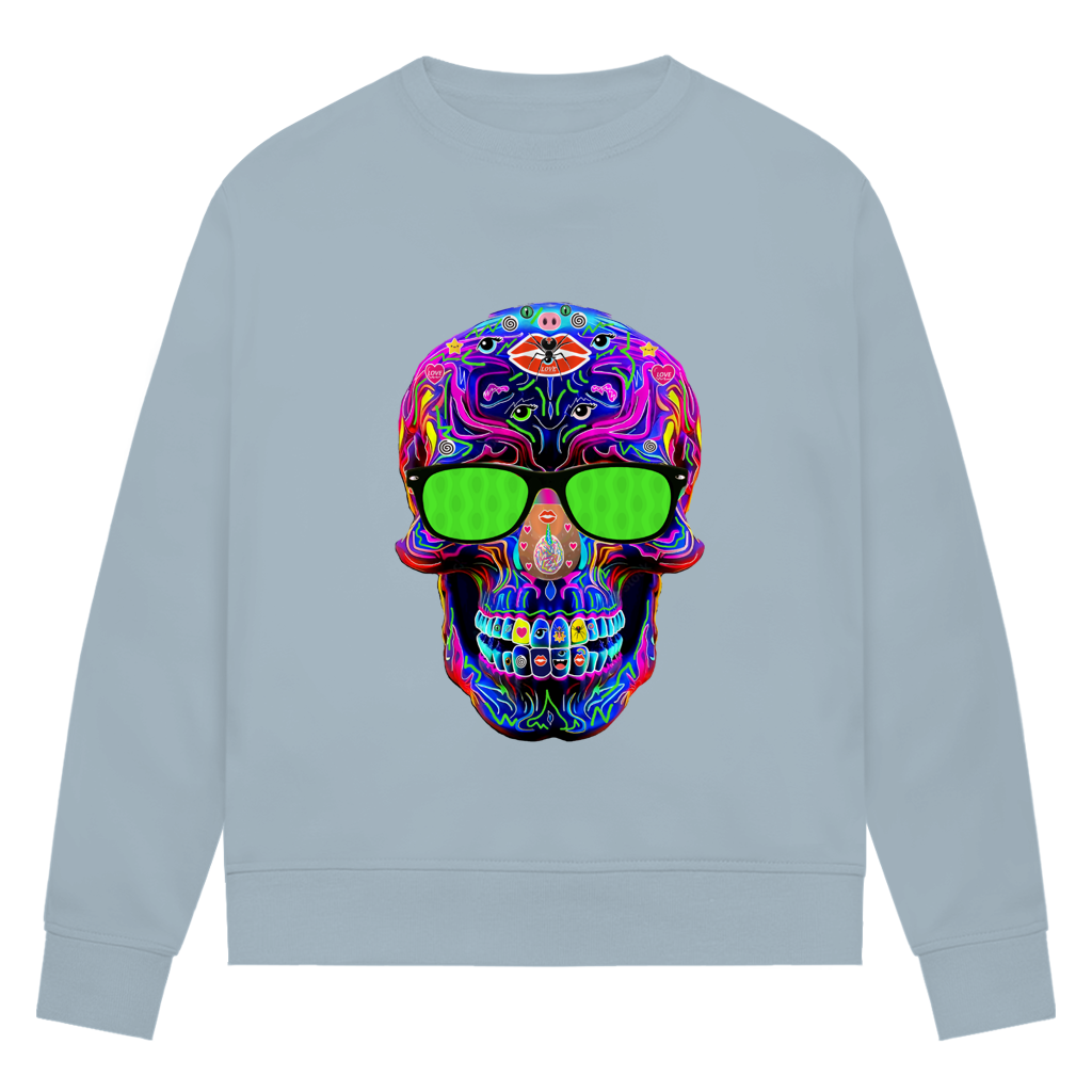 Damen Premium Bio Sweatshirt Skull with green Glasses